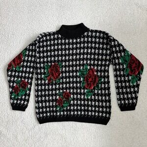Kate Collins Vintage Houndstooth Rose Floral Mock Neck Knit Sweater USA Made